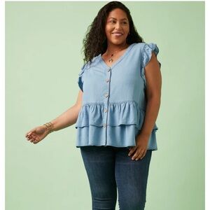 HAYDEN LA plus size Button Detail Ruffled Denim Top